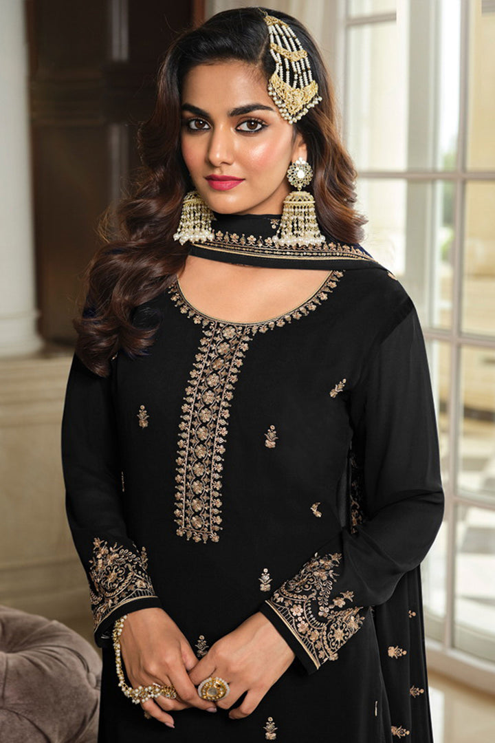 Beguiling Embroidered Work On Black Color Georgette Fabric Palazzo Suit | Buy Online India