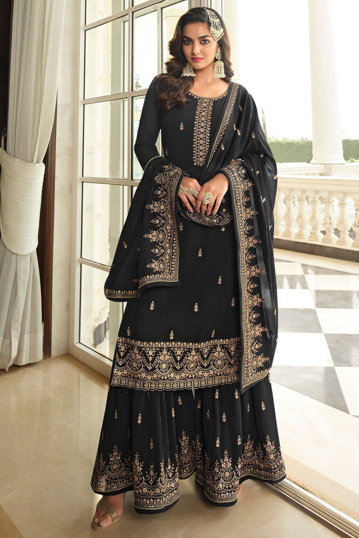 Beguiling Embroidered Work On Black Color Georgette Fabric Palazzo Suit | Buy Online India