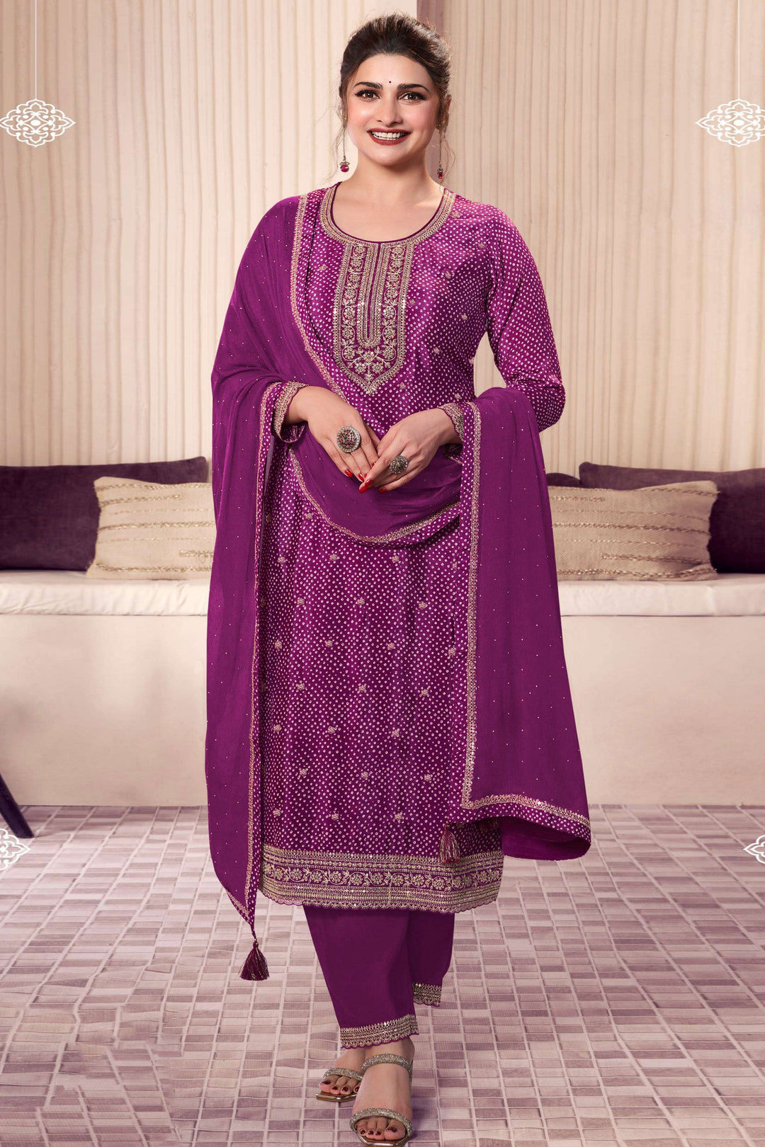 Prachi Desai Chinon Fabric Festive Wear Lovely Salwar Suit In Purple Color | Buy Online India