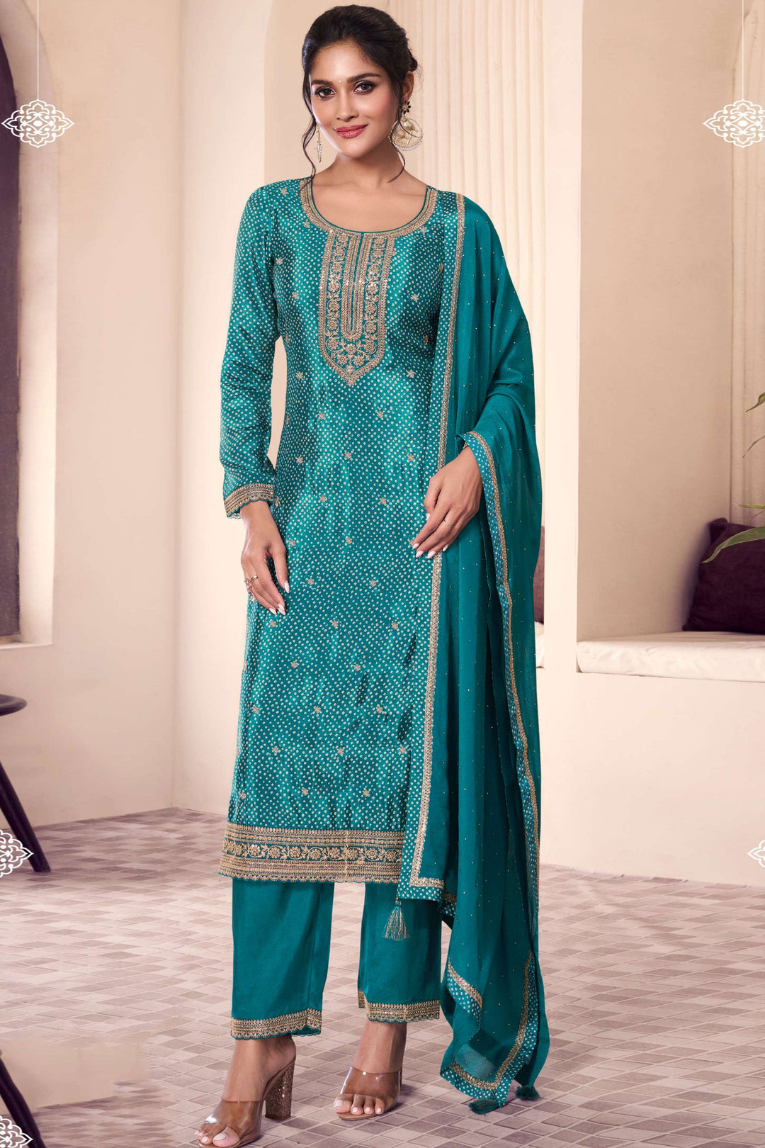 Sushrii Mishraa Festive Wear Teal Color Fabulous Salwar Suit In Chinon Fabric | Buy Online India