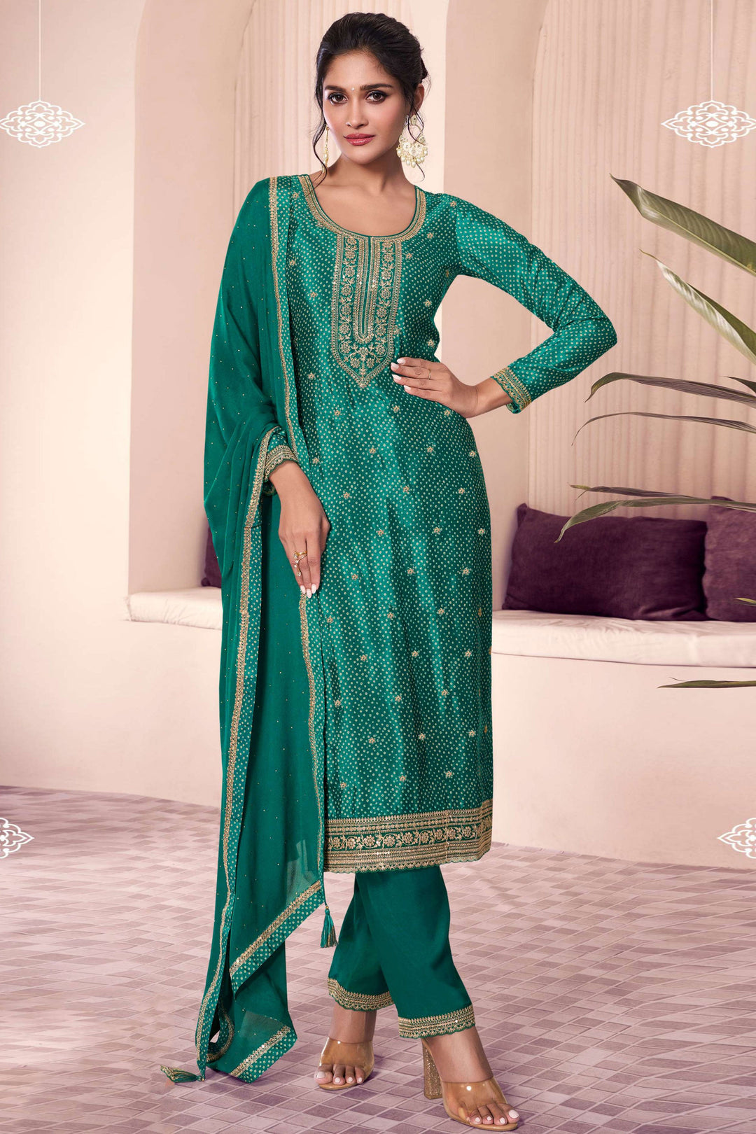 Sushrii Mishraa Dark Green Color Chinon Fabric Festive Wear Salwar Suit | Buy Online India