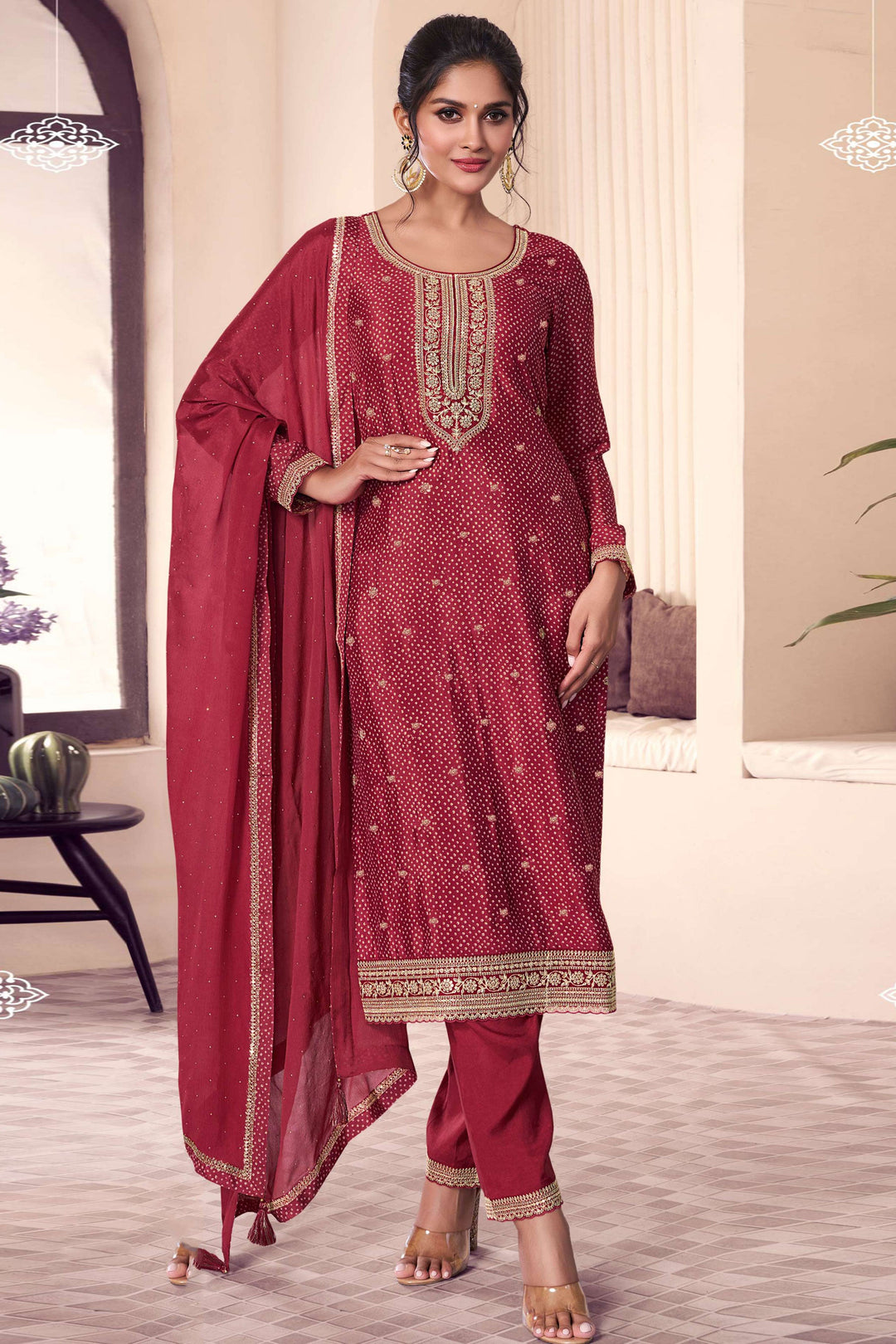 Sushrii Mishraa Chinon Fabric Maroon Color Festive Wear Salwar Suit | Buy Online India