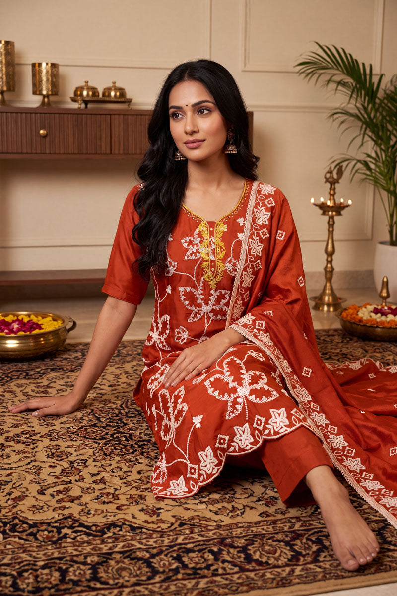 Engaging Rust Color Cotton Silk Fabric Salwar Suit For Festive | Buy Online India