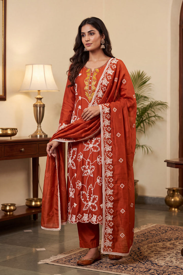 Engaging Rust Color Cotton Silk Fabric Salwar Suit For Festive | Buy Online India