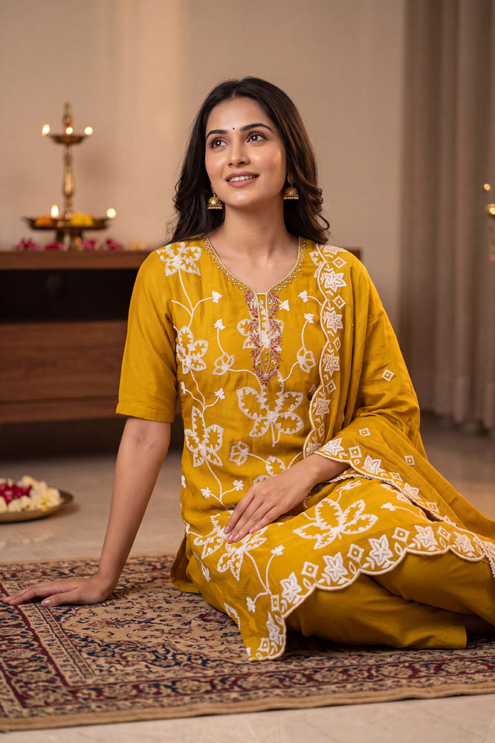 Amazing Mustard Color Cotton Silk Embroidered Salwar Suit | Buy Online India