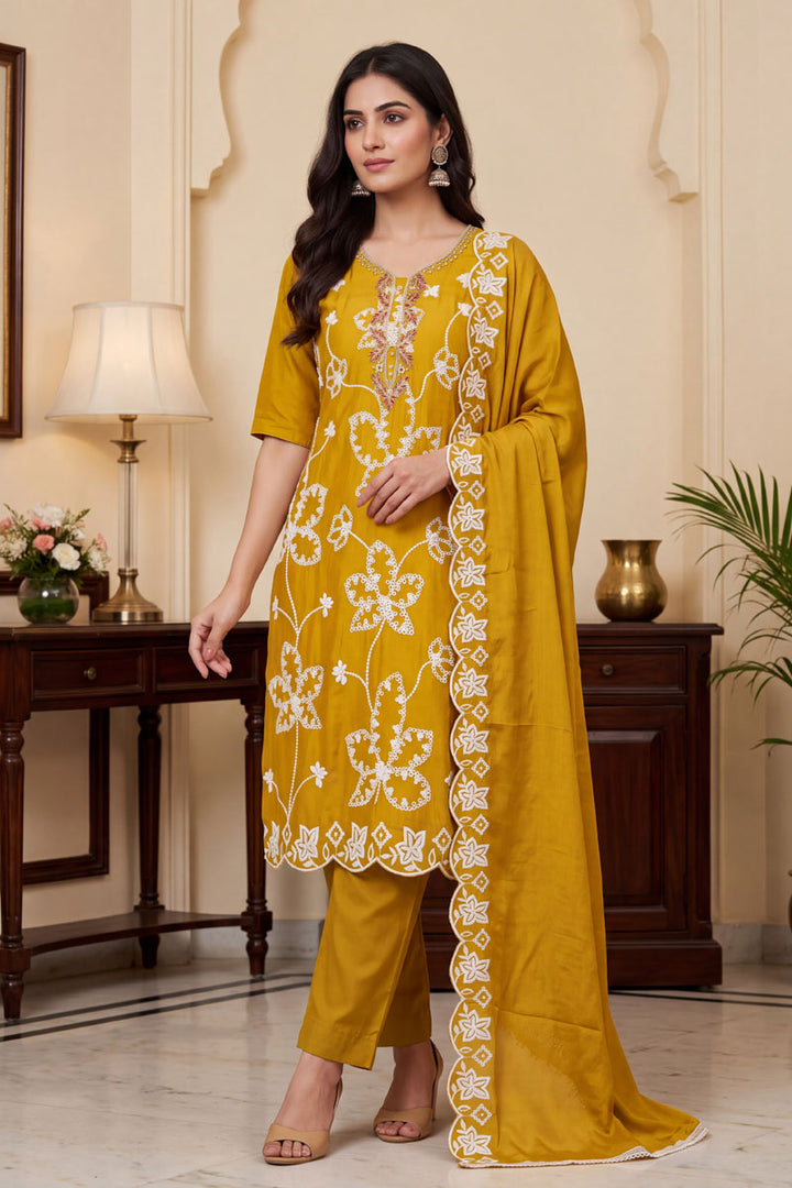 Amazing Mustard Color Cotton Silk Embroidered Salwar Suit | Buy Online India