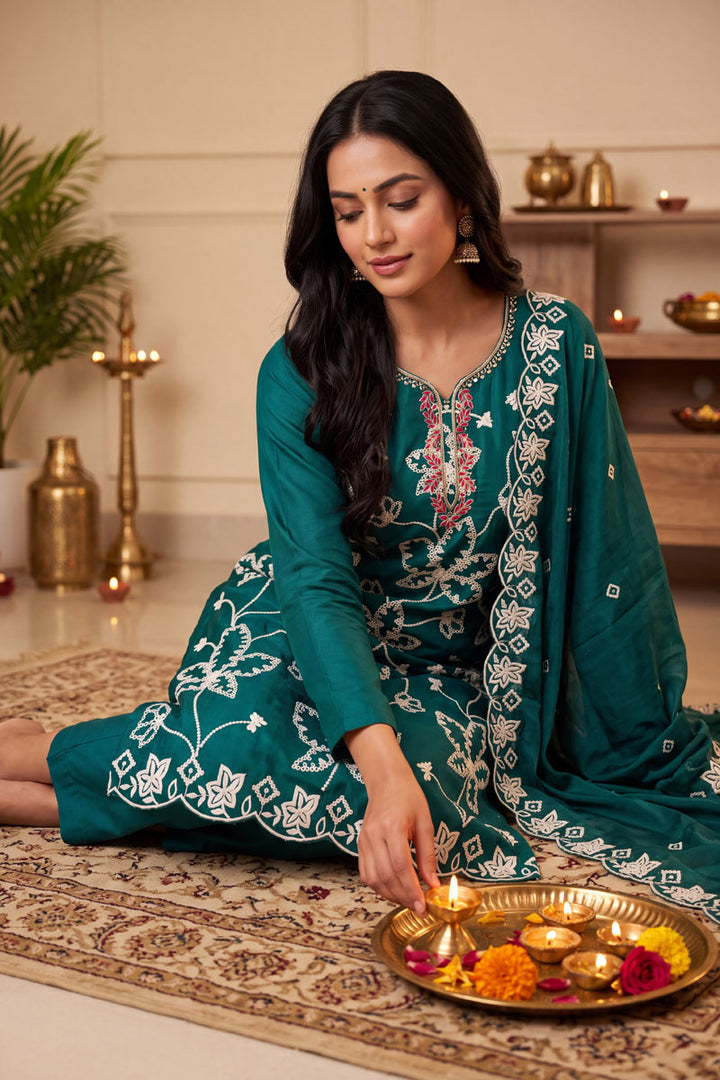 Trendy Cotton Silk Fabric Teal Color Salwar Suit For Festive | Buy Online India