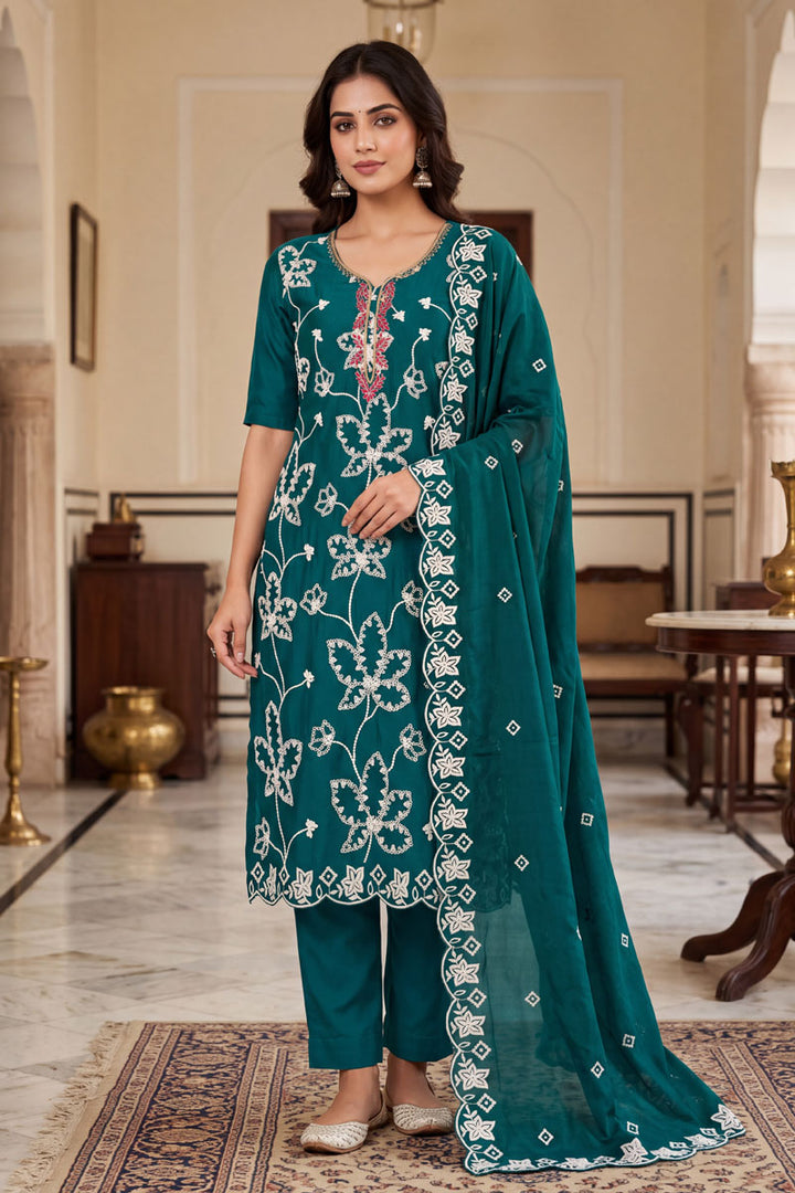 Trendy Cotton Silk Fabric Teal Color Salwar Suit For Festive | Buy Online India