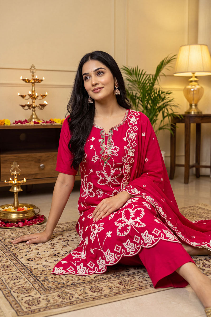 Rani Color Cotton Silk Fabric Chic Embroidered Salwar Suit | Buy Online India