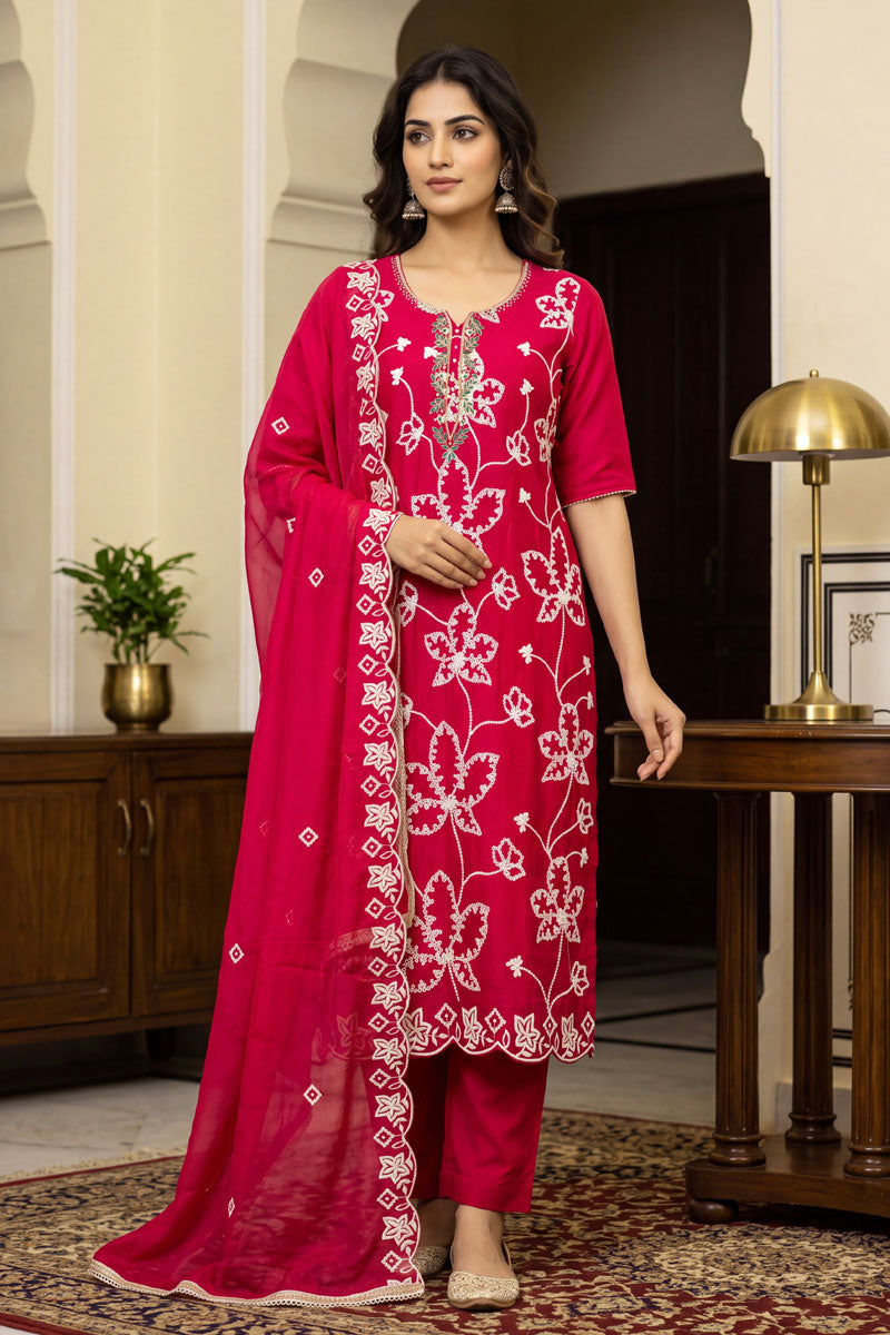 Rani Color Cotton Silk Fabric Chic Embroidered Salwar Suit | Buy Online India