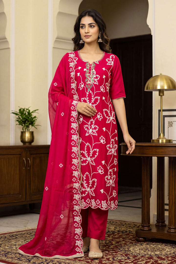 Rani Color Cotton Silk Fabric Chic Embroidered Salwar Suit | Buy Online India