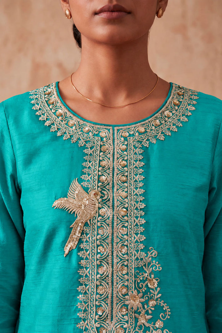 Sea Green Color Embroidered Chinon Readymade Sharara Suit | Buy Online India