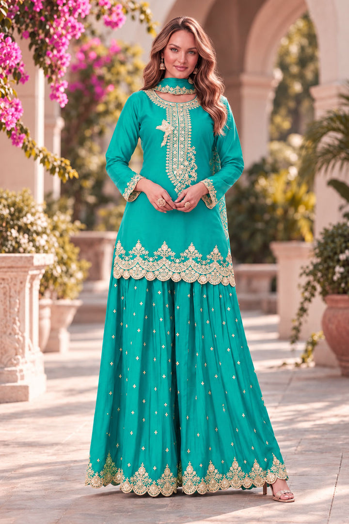 Sea Green Color Embroidered Chinon Readymade Sharara Suit | Buy Online India