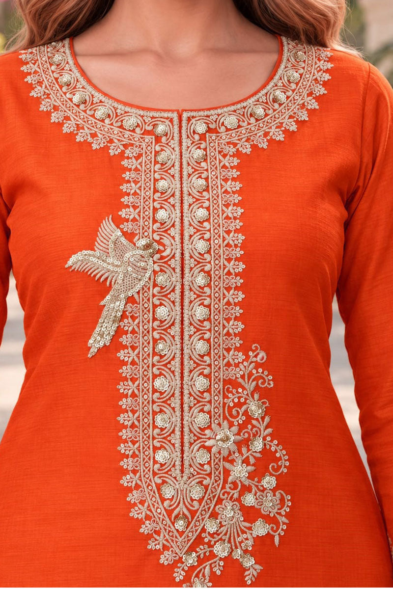 Festive Style Orange Chinon Fabric Readymade Sharara Suit | Buy Online India