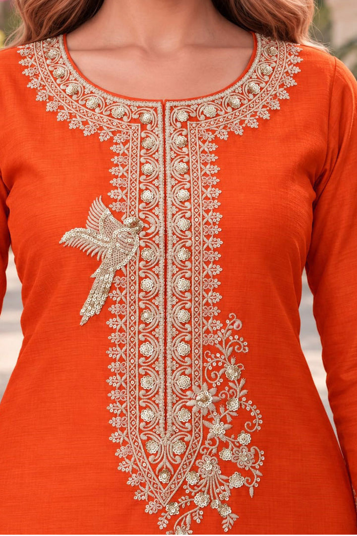 Festive Style Orange Chinon Fabric Readymade Sharara Suit | Buy Online India
