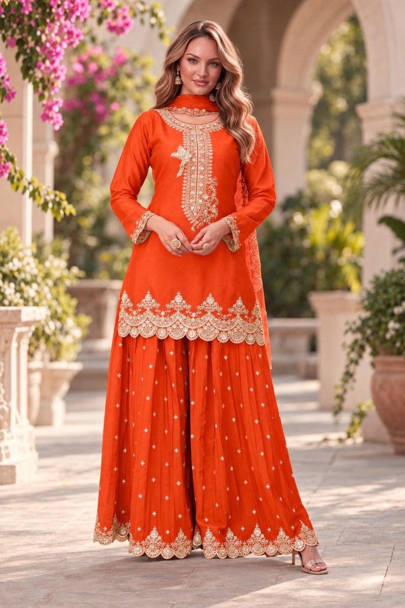 Festive Style Orange Chinon Fabric Readymade Sharara Suit | Buy Online India