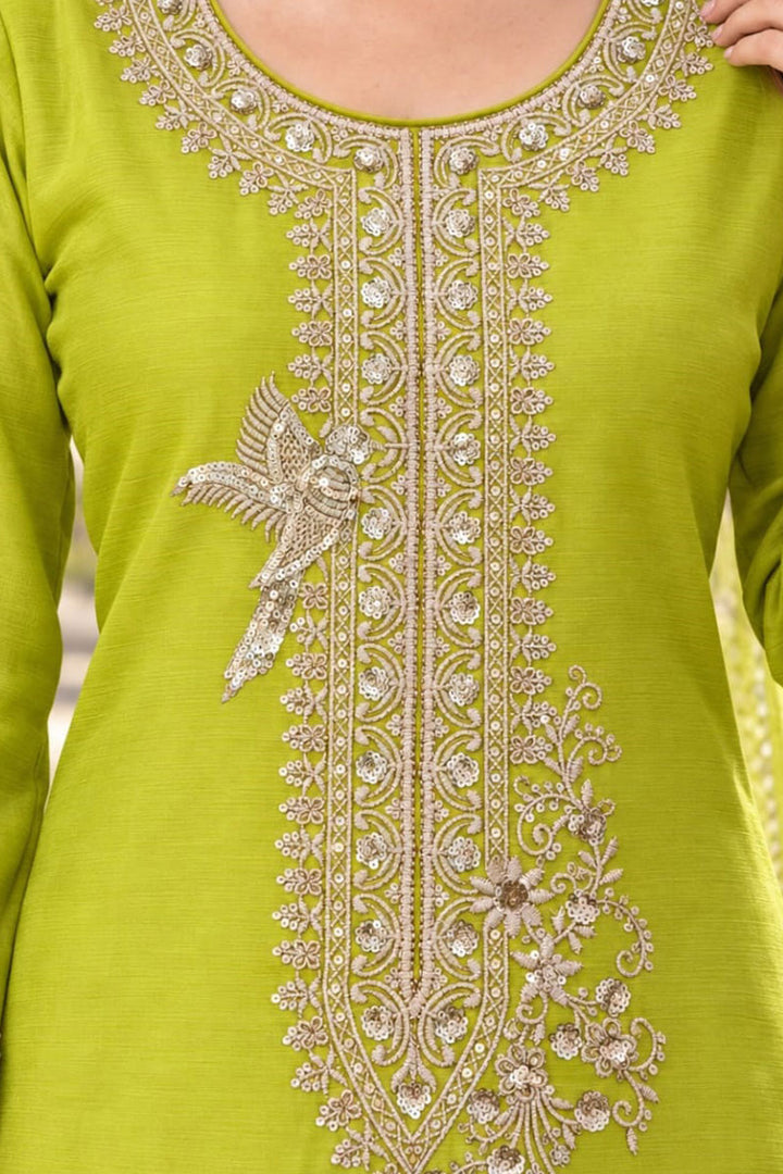 Chinon Fabric Green Readymade Sharara Suit For Festive | Buy Online India