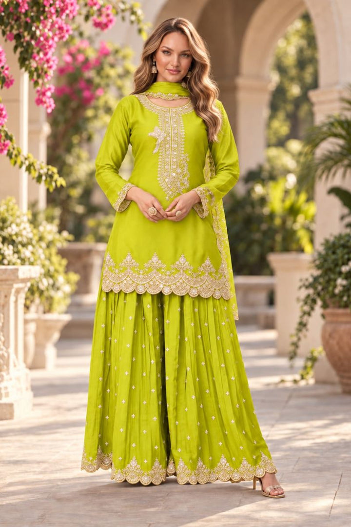 Chinon Fabric Green Readymade Sharara Suit For Festive | Buy Online India