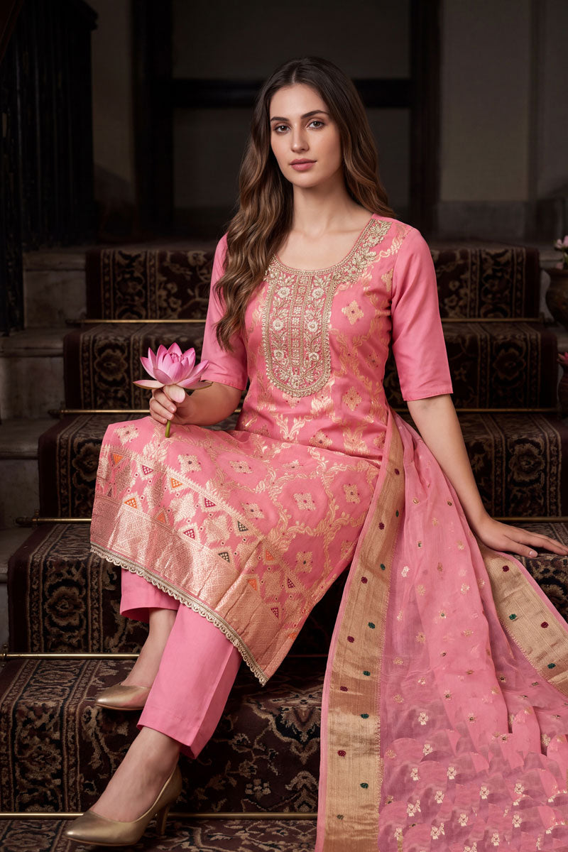 Engaging Pink Banarasi Cotton Salwar Suit | Buy Online India
