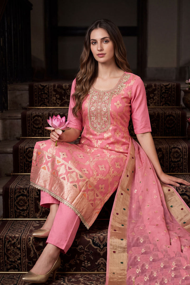 Engaging Pink Banarasi Cotton Salwar Suit | Buy Online India
