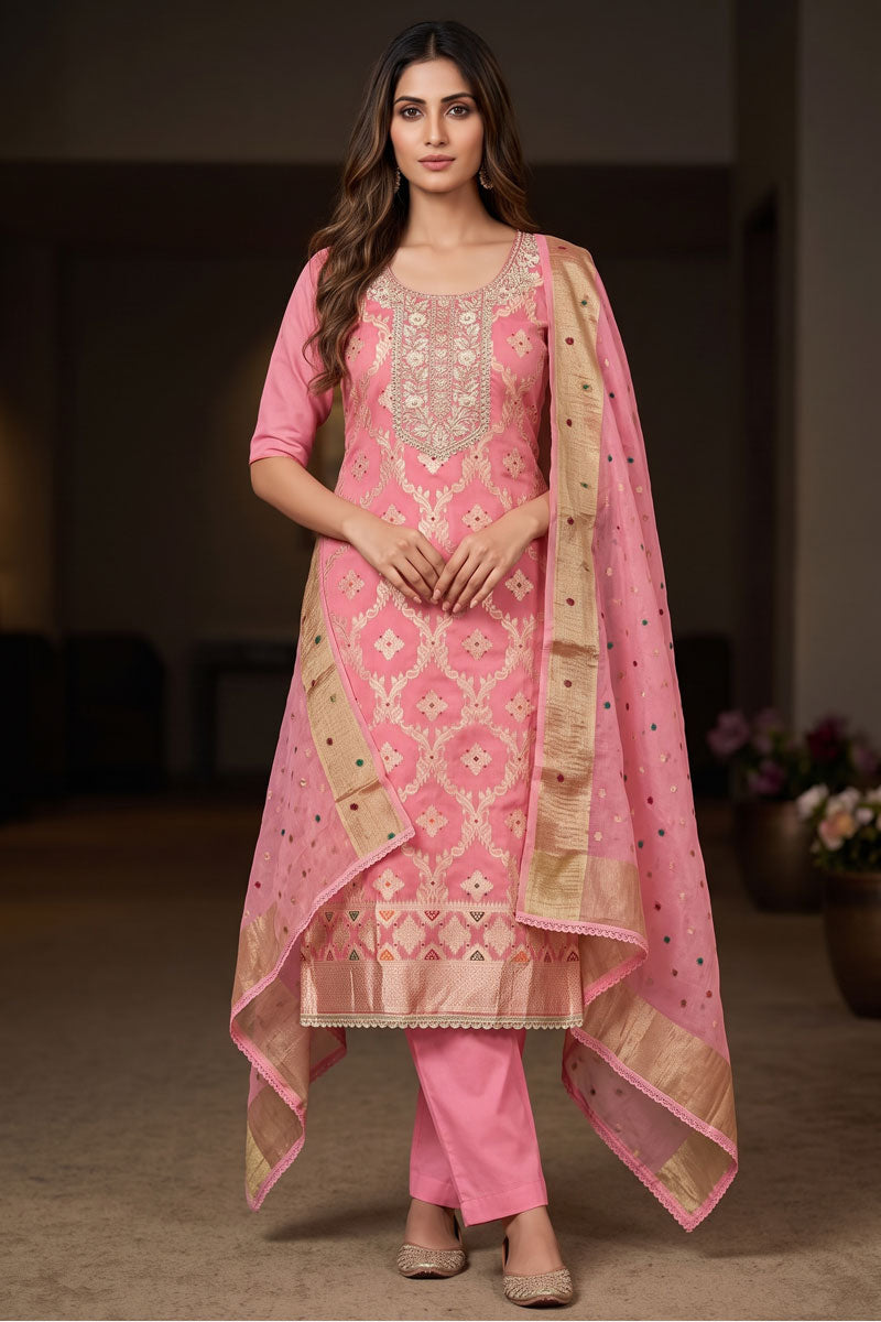 Engaging Pink Banarasi Cotton Salwar Suit | Buy Online India
