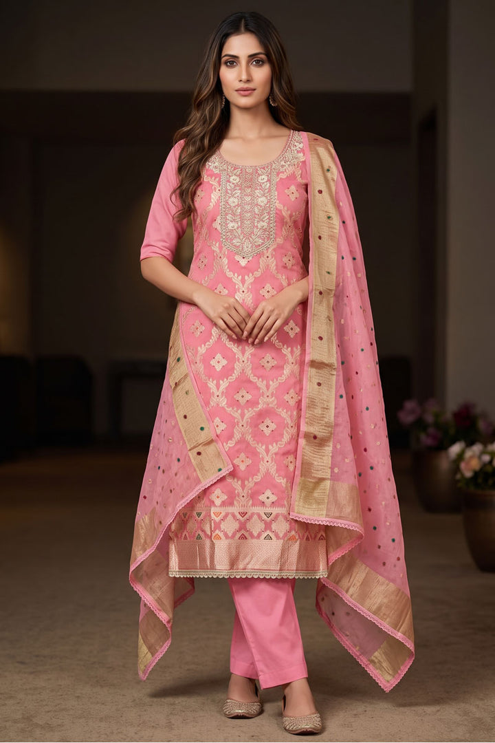 Engaging Pink Banarasi Cotton Salwar Suit | Buy Online India