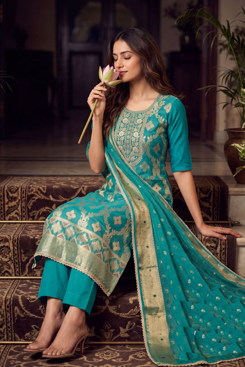 Sea Green Gorgeous Banarasi Cotton Salwar Suit | Buy Online India