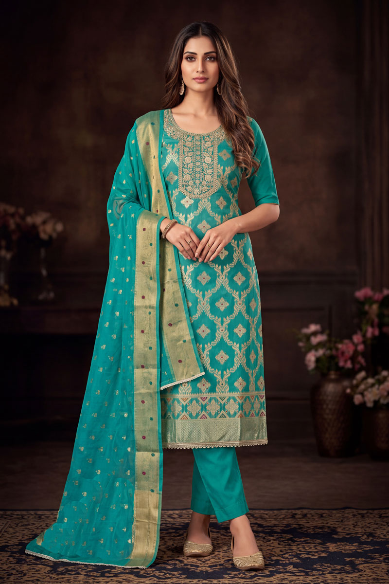 Sea Green Gorgeous Banarasi Cotton Salwar Suit | Buy Online India