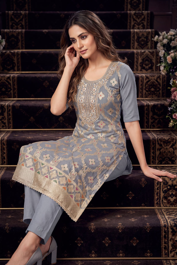 Banarasi Cotton Grey Color Hand Work Salwar Suit | Buy Online India