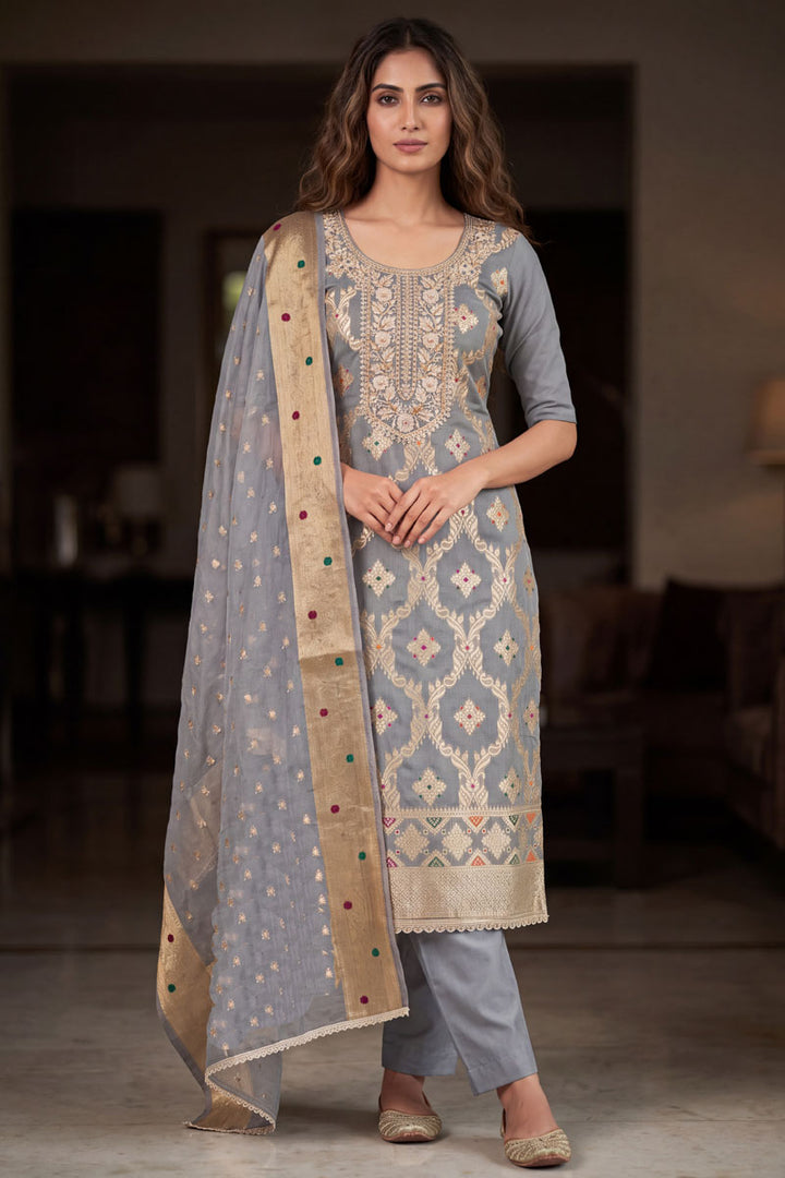 Banarasi Cotton Grey Color Hand Work Salwar Suit | Buy Online India