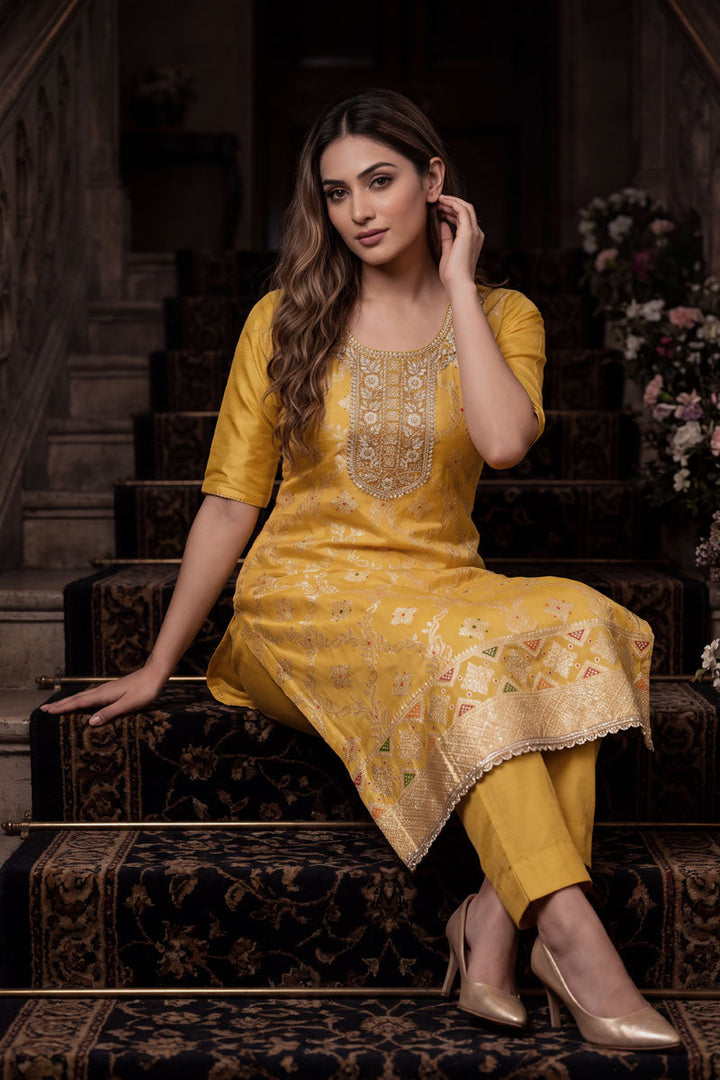 Banarasi Cotton Hand Work Salwar Suit In Yellow Color | Buy Online India
