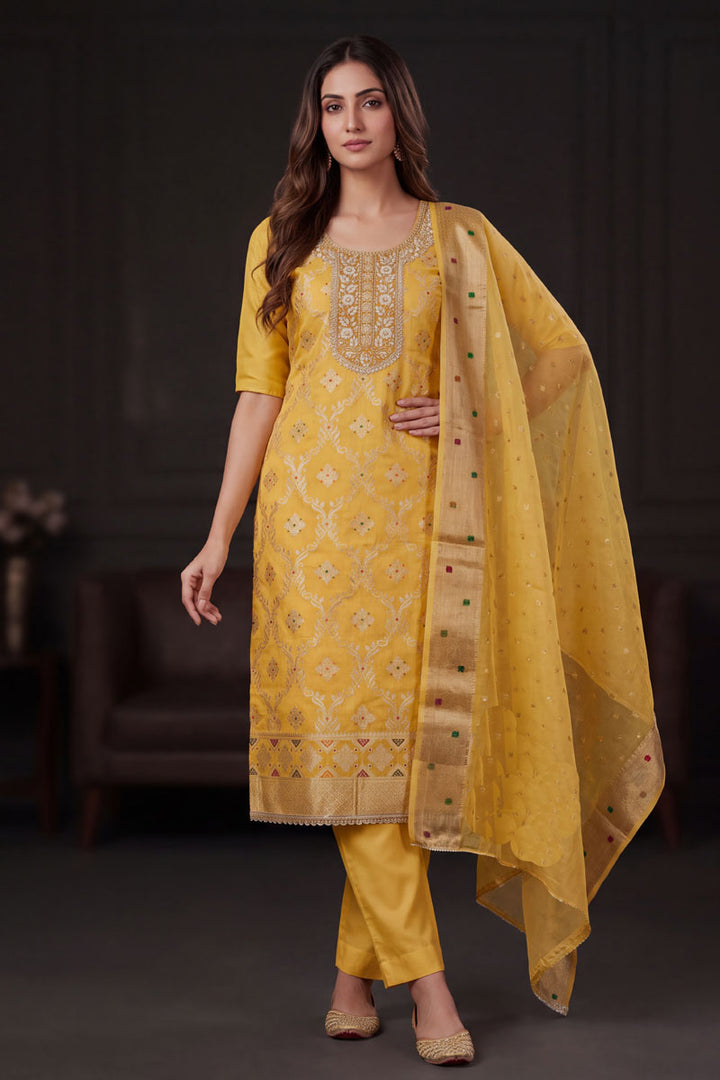 Banarasi Cotton Hand Work Salwar Suit In Yellow Color | Buy Online India