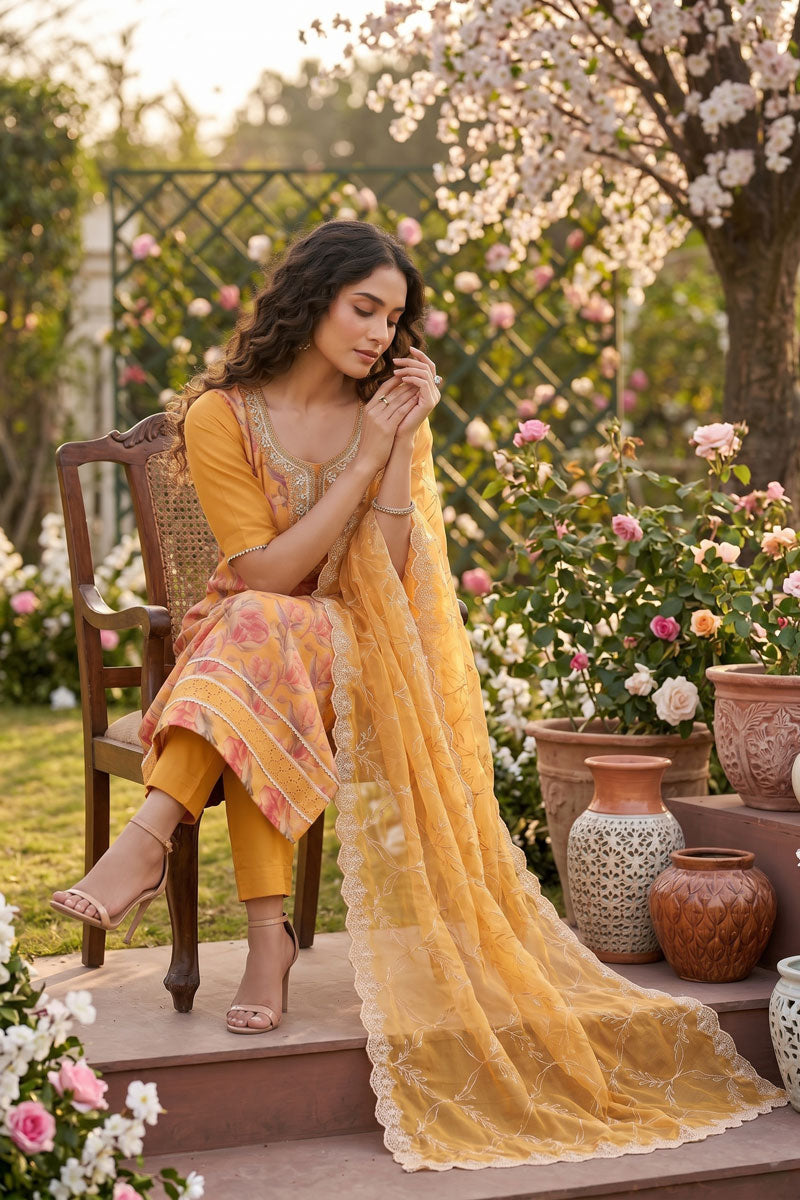 Organza Fabric Mustard Color Stylish Look Salwar Suit