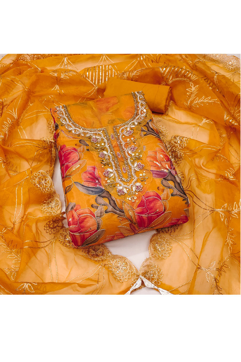Organza Fabric Mustard Color Stylish Look Salwar Suit