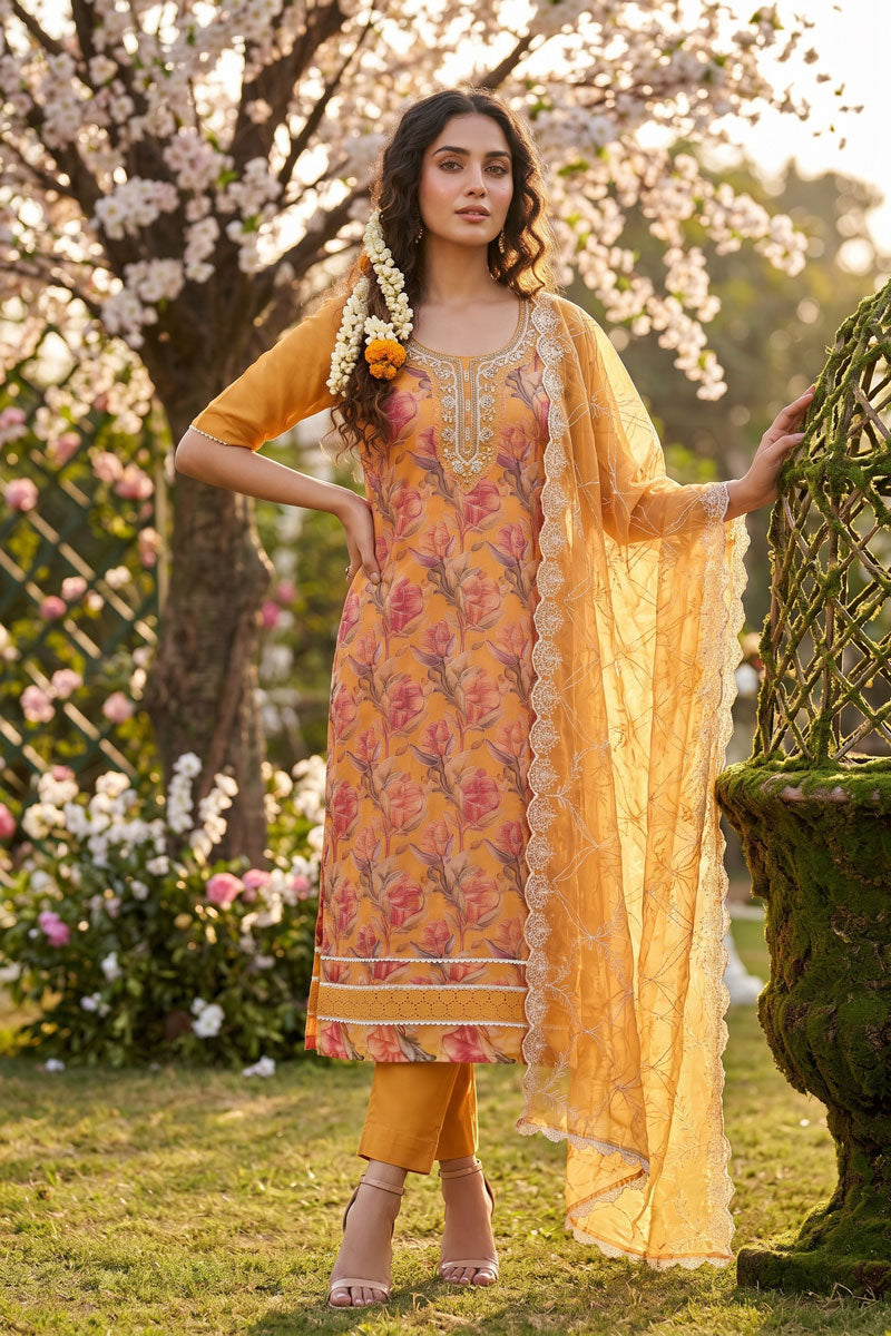 Organza Fabric Mustard Color Stylish Look Salwar Suit