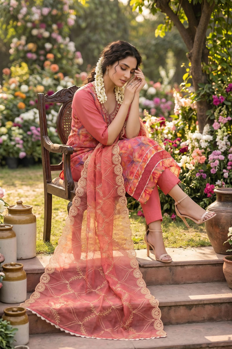 Organza Fabric Peach Color Beatific Look Salwar Suit