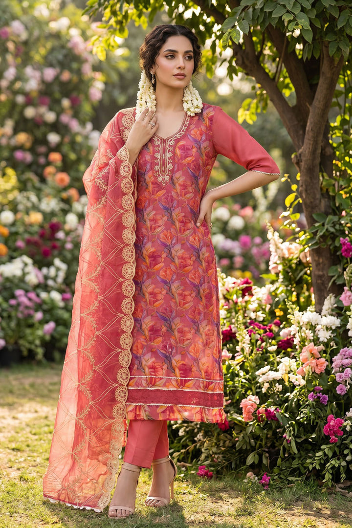 Organza Fabric Peach Color Beatific Look Salwar Suit