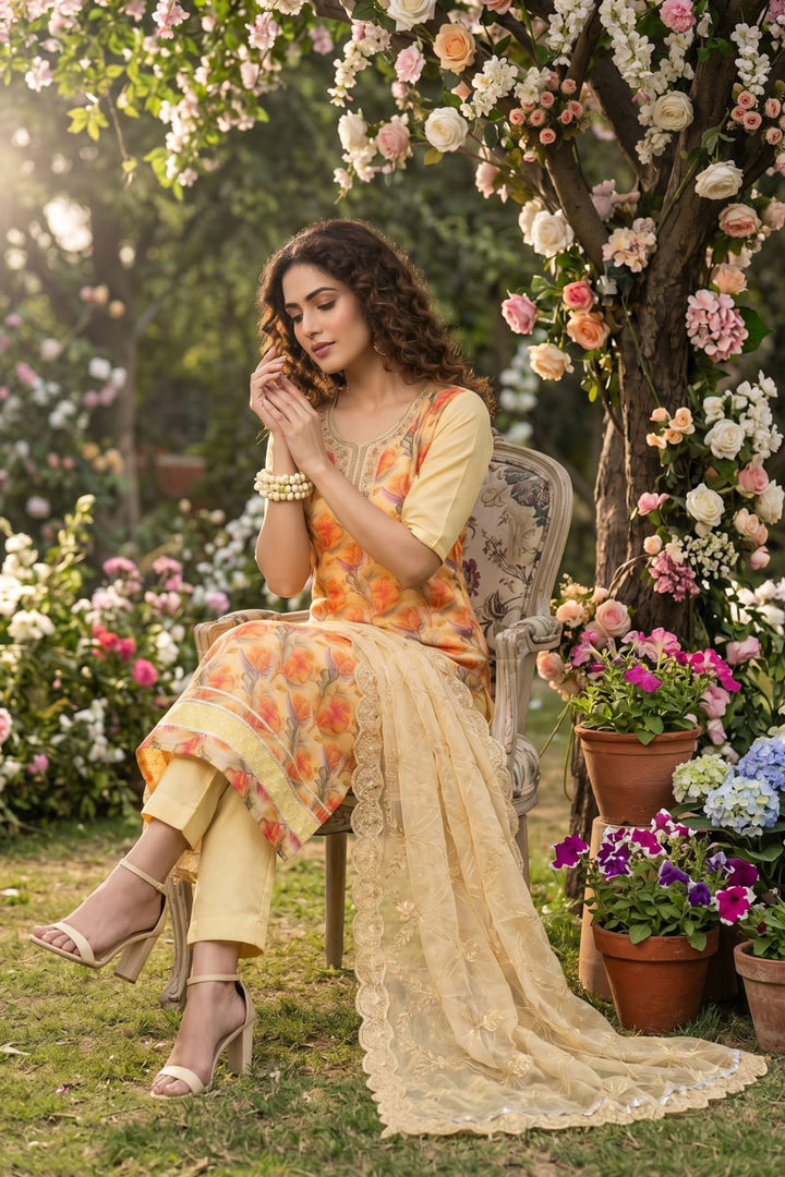 Fabulous Organza Fabric Yellow Color Salwar Suit