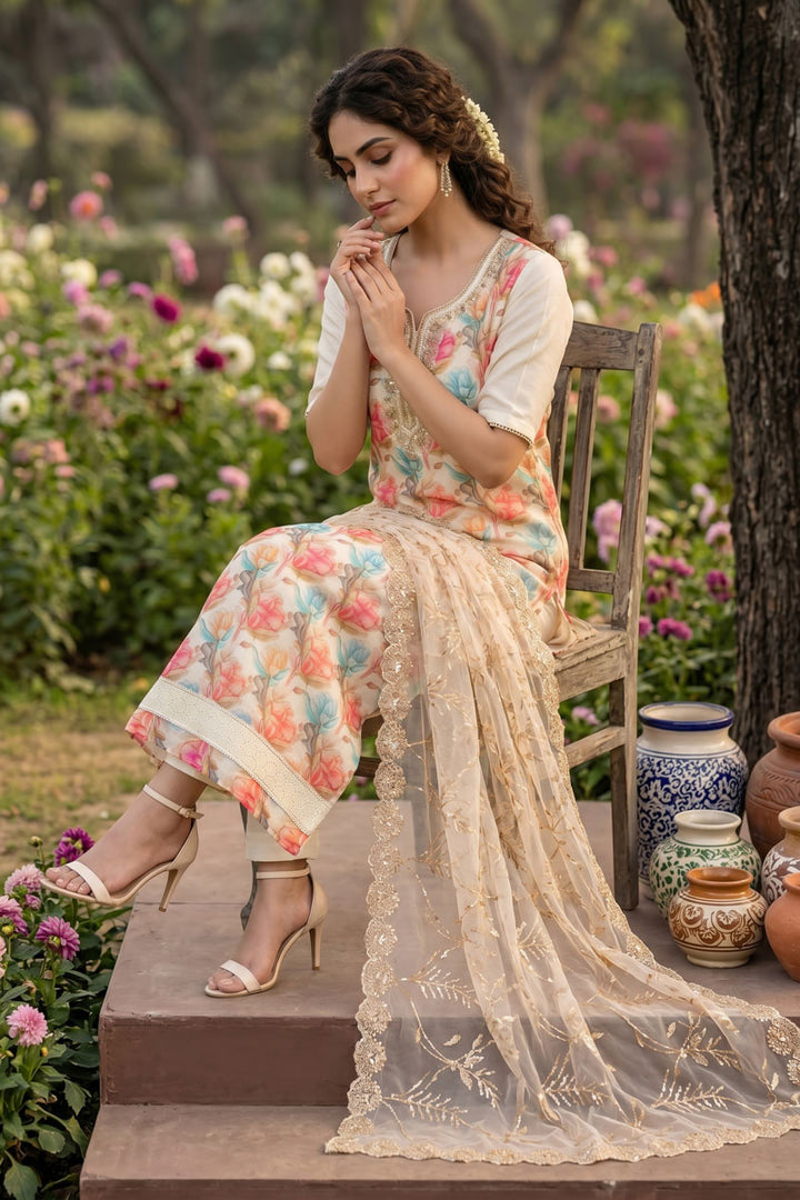 Organza Fabric Captivating Off White Color Salwar Suit