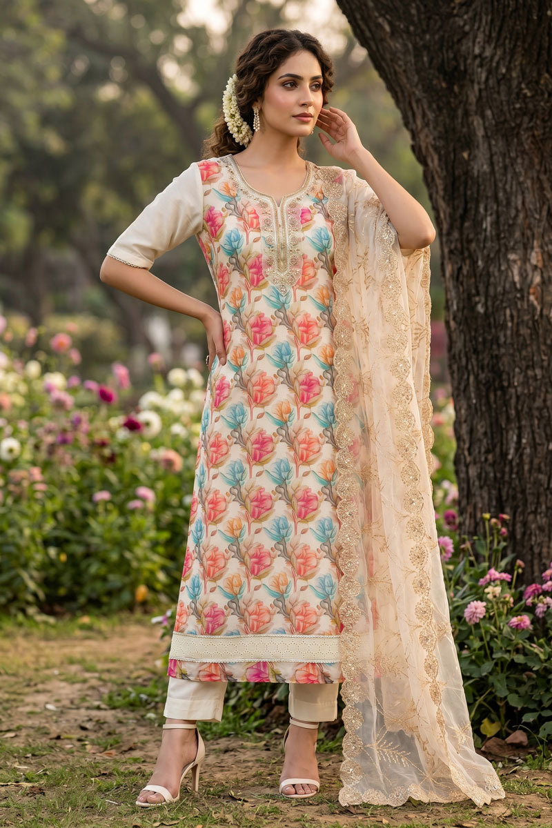Organza Fabric Captivating Off White Color Salwar Suit