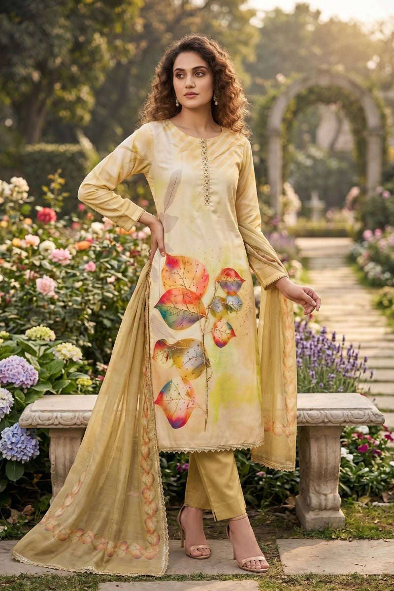 Trendy Rayon Cotton Beige Color Salwar Suit With HandWork