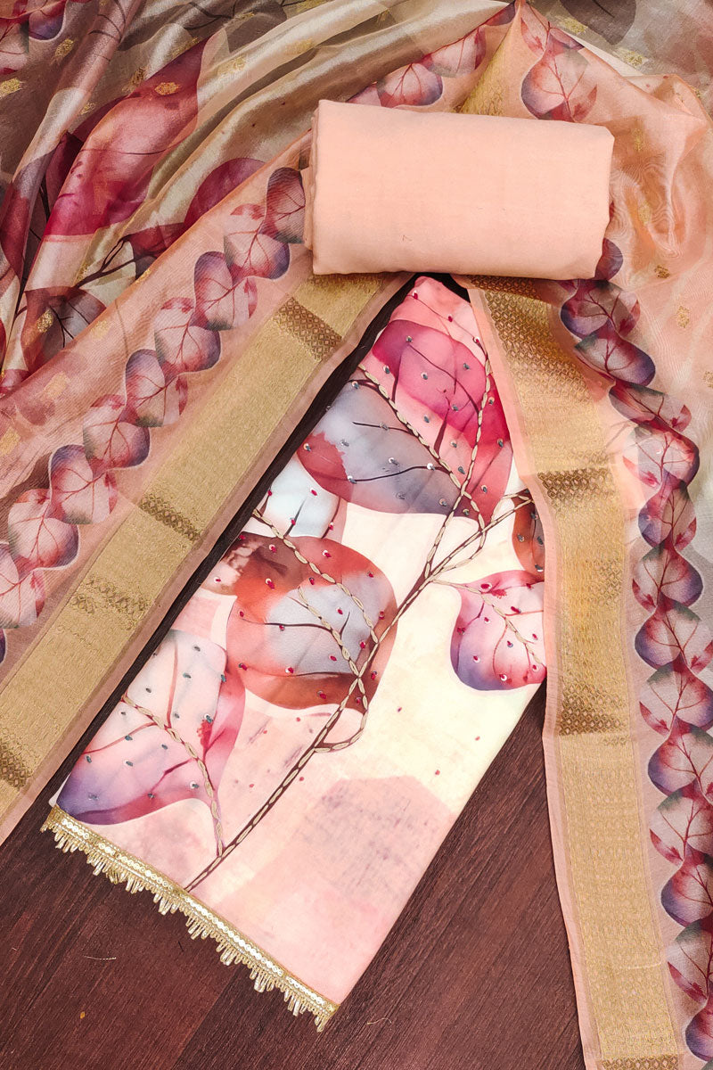 Attractive Rayon Cotton Peach Color Salwar Suit With HandWork
