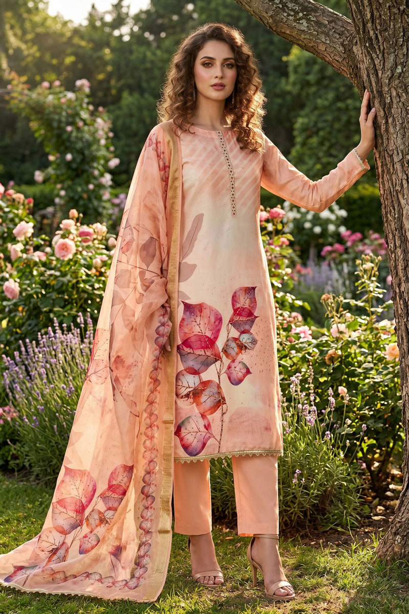 Attractive Rayon Cotton Peach Color Salwar Suit With HandWork