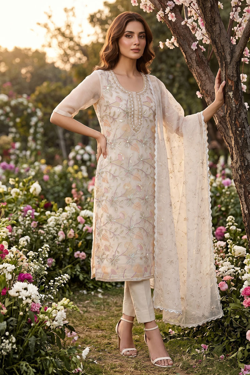 Festive Style Beige Color Handwork Organza Salwar Suit | Buy Online India