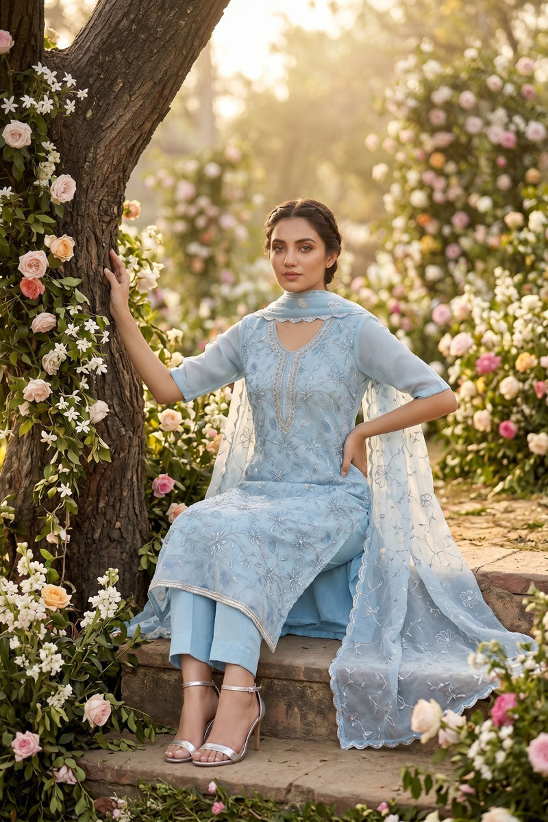Light Cyan Color Festive Style Hand Work Organza Salwar Suit | Buy Online India