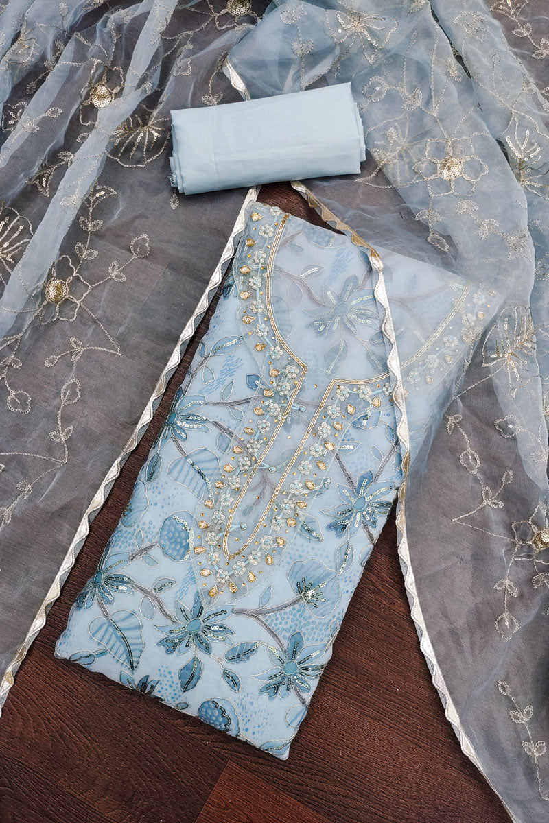 Light Cyan Color Festive Style Hand Work Organza Salwar Suit | Buy Online India