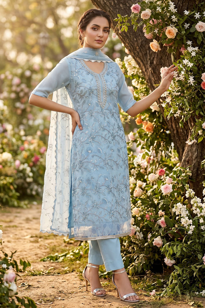 Light Cyan Color Festive Style Hand Work Organza Salwar Suit | Buy Online India