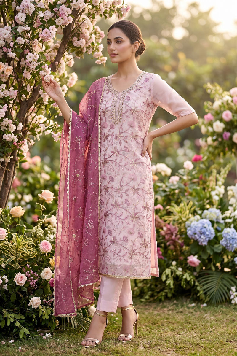Festive Style Hand Work Organza Pink Salwar Suit | Buy Online India