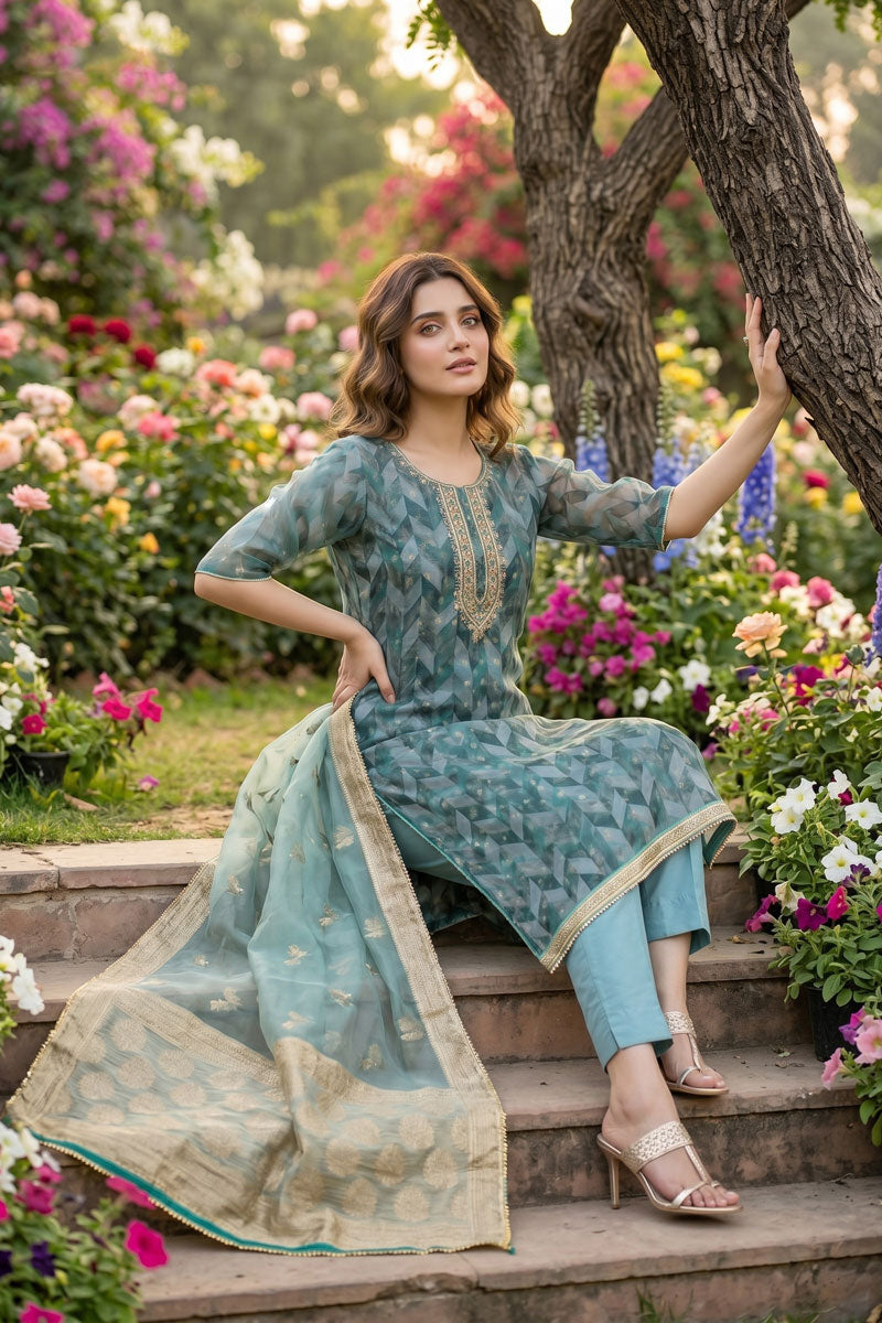 Light Cyan Festive Wear Hand Work Banarasi Organza Salwar Suit
