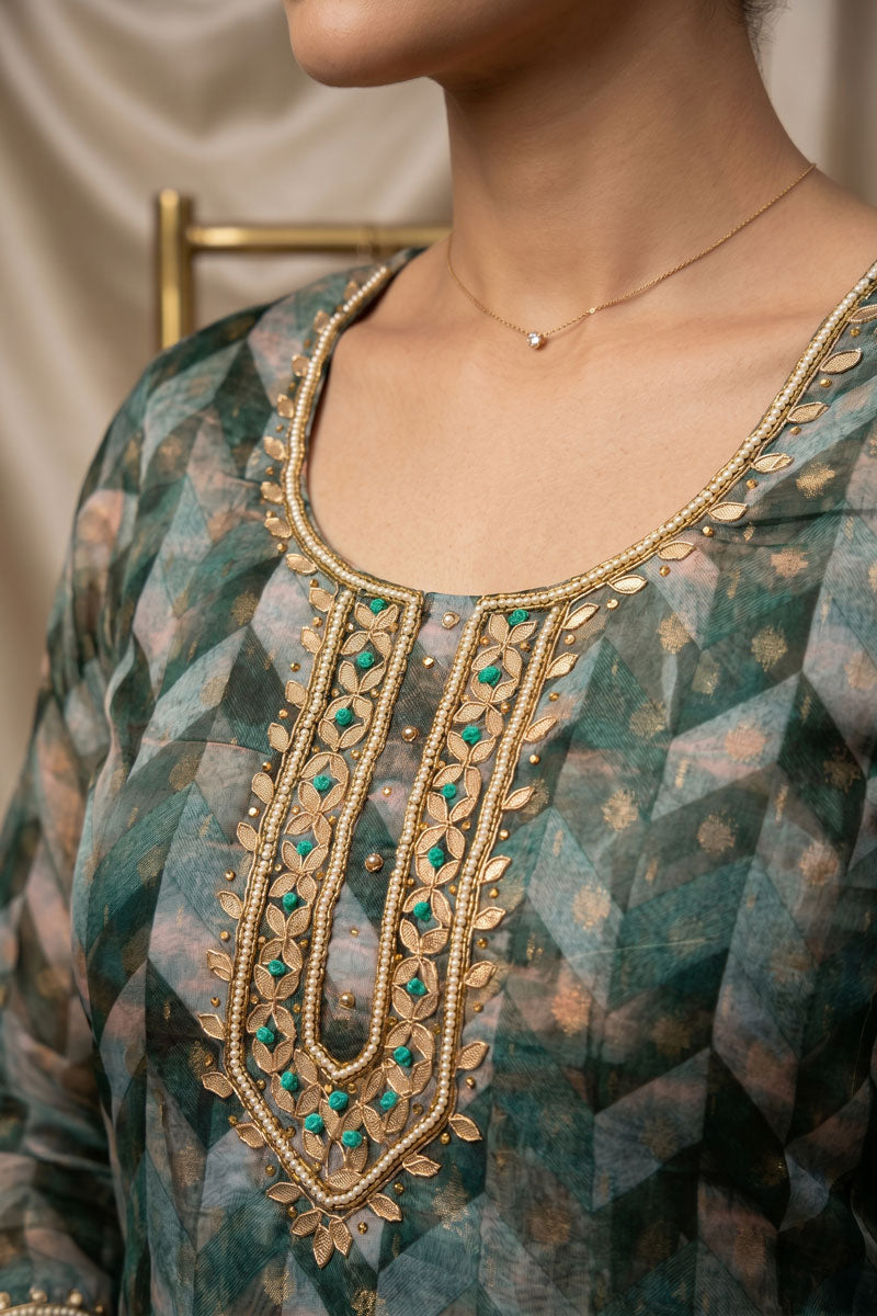 Light Cyan Festive Wear Hand Work Banarasi Organza Salwar Suit